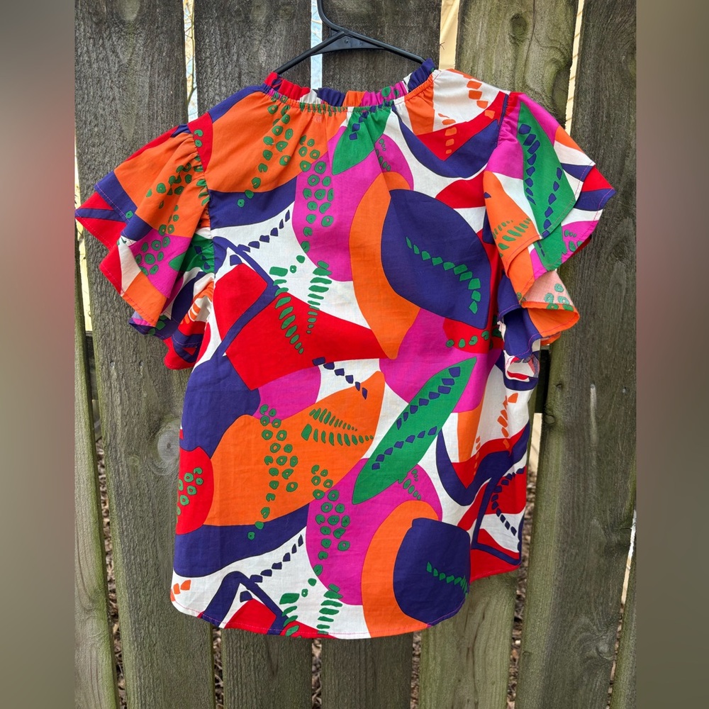 NWOT Ces Femme Boutique Colorful Abstract Blouse Structure Sleeve M - Picture 8 of 10